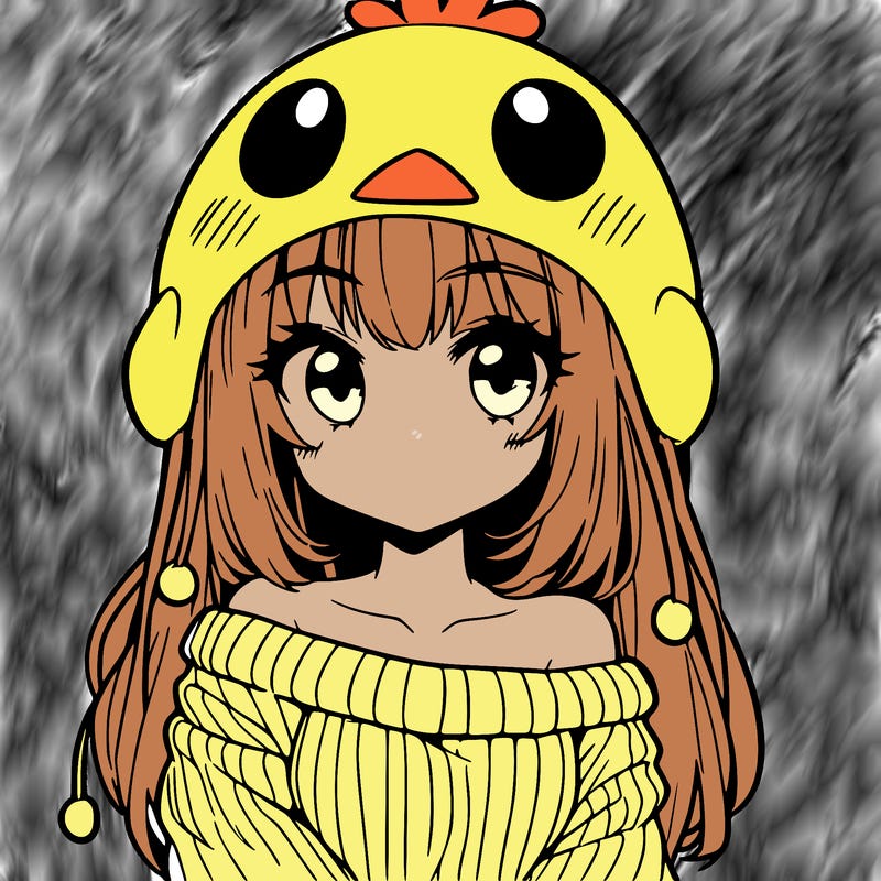 anime girl with chick shaped hat with sweater with bare shoulders with bangs covering them one eye with low tail