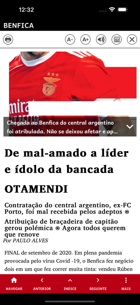 A BOLA – Edição Digital - Mobile view of a sports news article about Otamendi in the A BOLA digital newspaper app