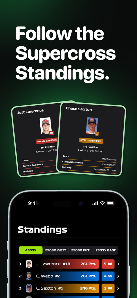 iPhone画面にAMAスーパークロスのライダー順位とJett LawrenceおよびChase Sextonのドライバープロフィールカードを表示