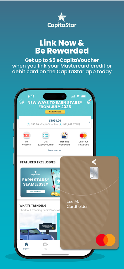 eCapitaVoucher 보상을 위해 Mastercard 연결 프로모션을 보여주는 CapitaStar 앱 인터페이스