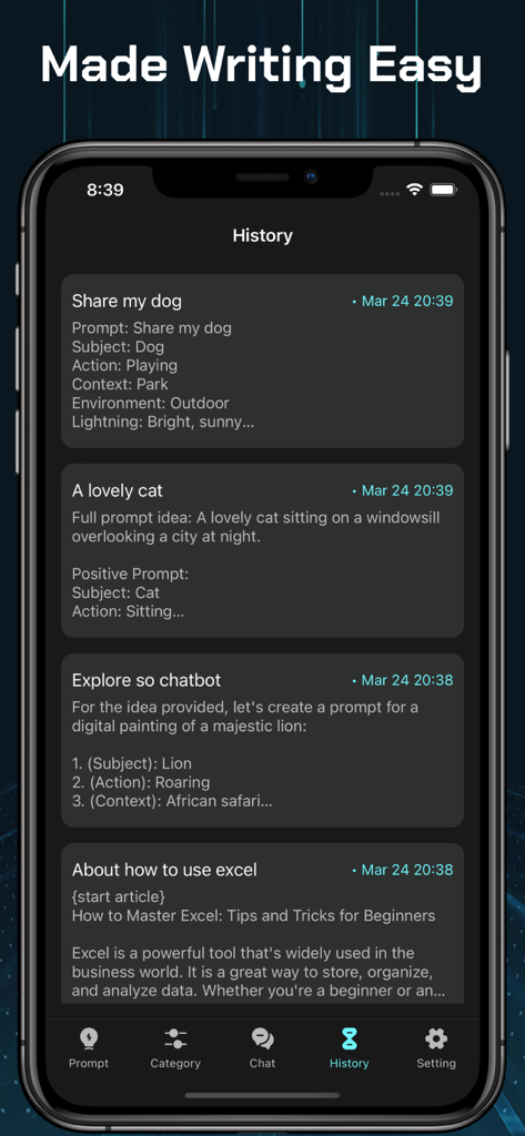 History screen of the AIPRM app displaying a list of previously generated AI writing prompts and content.