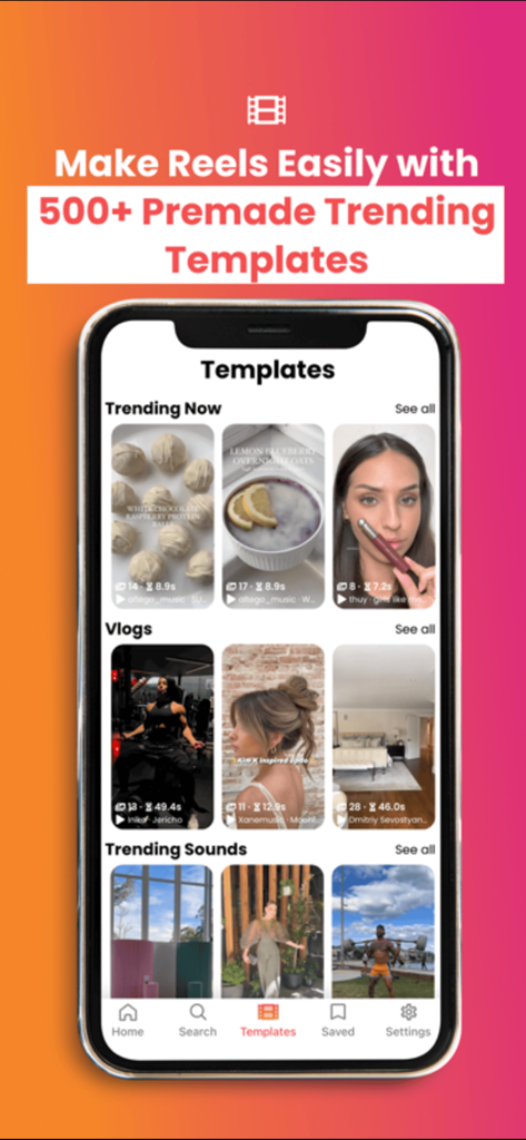 ReelTrends Templates & Sounds - ReelTrends app showing a selection of trending video templates and sounds for social media content creation