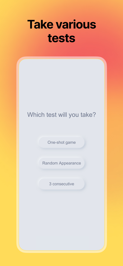 Reaction Time: Tap Test - Menu principal do aplicativo Tempo de Reação: Teste de Toque mostrando opções para jogo de um toque, aparição aleatória e 3 testes consecutivos.