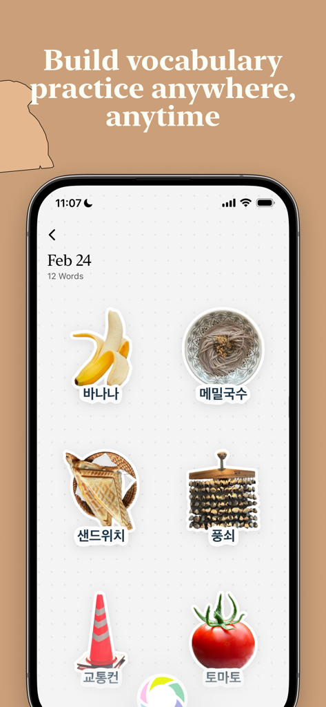 CapWords AI: Learn Languages - Mobile screen showing CapWords AI visual vocabulary cards with everyday objects labeled in Korean