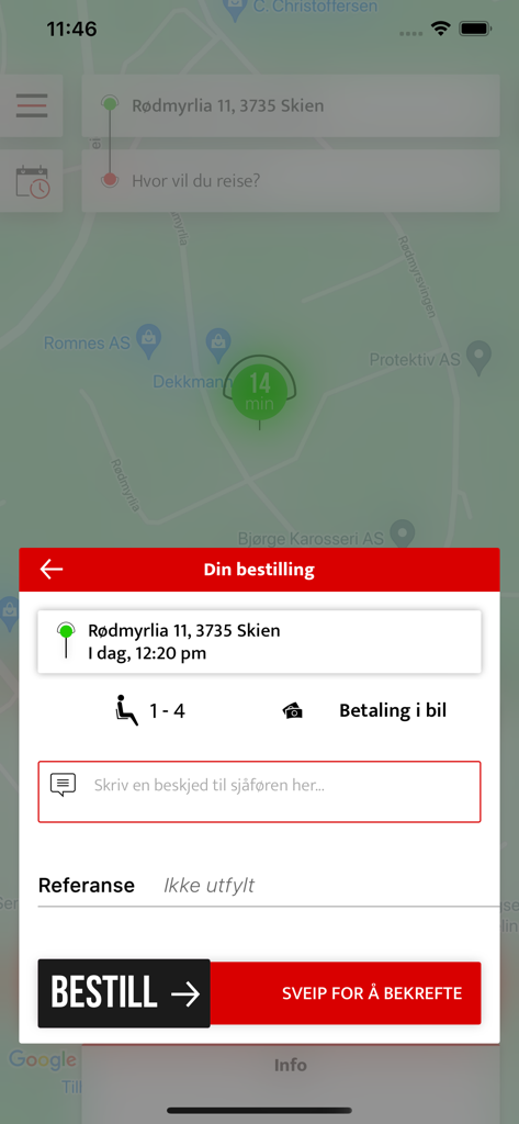 TaxiLokal - TaxiLokal mobile app screen showing a taxi booking confirmation with a map location in Skien Norway and a swipe to confirm button