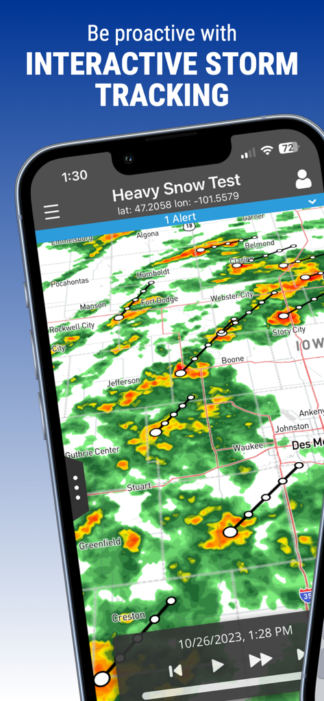 Clarity Weather app interface showing interactive storm tracking radar map with precipitation alerts