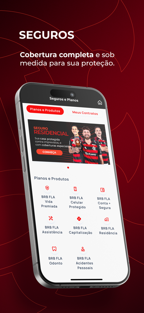 Nação BRB FLA: Banco da Nação - Nacao BRB FLA app insurance plans screen showing various coverage options for life, home, and mobile.