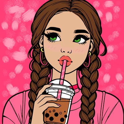 realistic girl with braided hair drinking boba