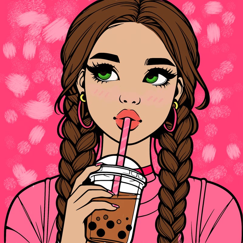 realistic girl with braided hair drinking boba