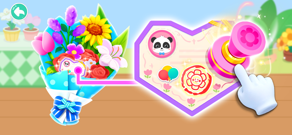 A cartoon hand stamping a heart-shaped greeting card next to a colorful flower bouquet.