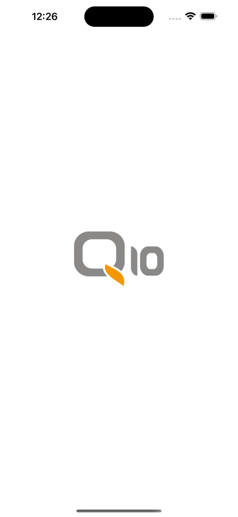 Pantalla de inicio de la aplicación Q10 con el logo gris y naranja sobre un fondo blanco.