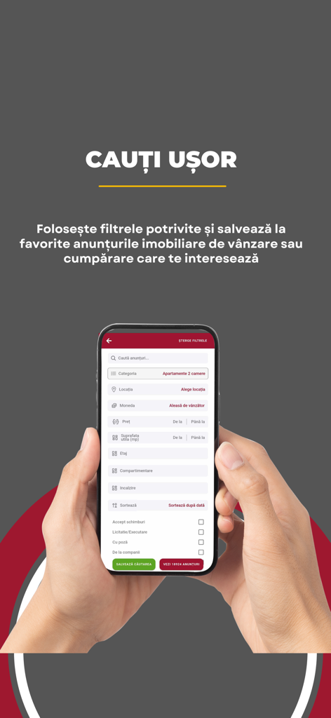 Romimo - A person holding a smartphone showing search filters for real estate listings in the Romimo app