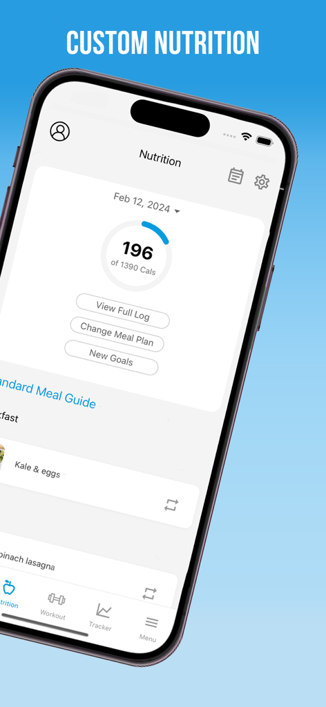 X28 Fitness & Nutrition - X28 Fitness and Nutrition app screen showing a calorie tracker and custom meal plan with kale and eggs
