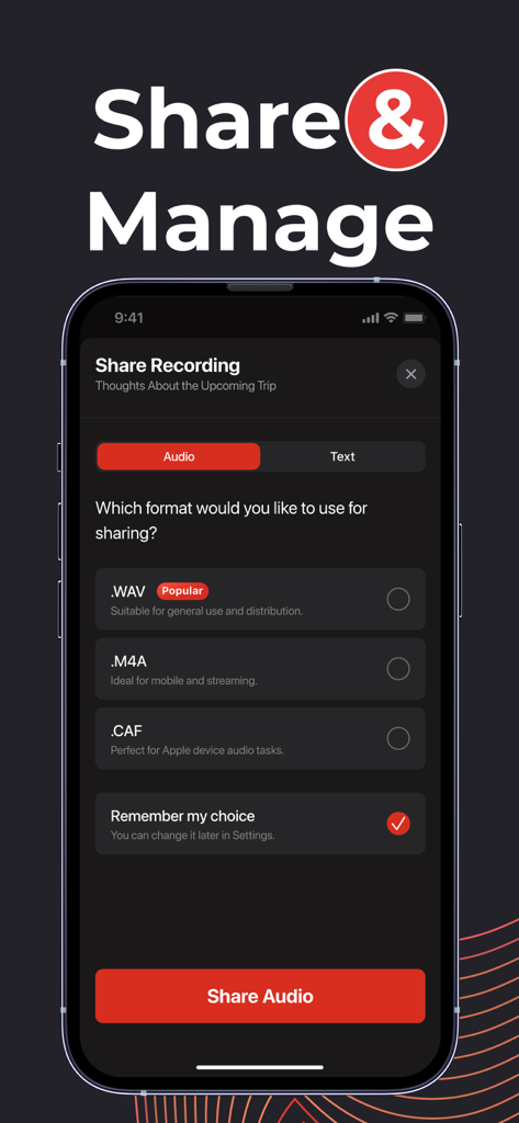 Pantalla de la aplicación VoiceNotes que muestra las opciones de formato de archivo de audio para compartir grabaciones como WAV, M4A y CAF