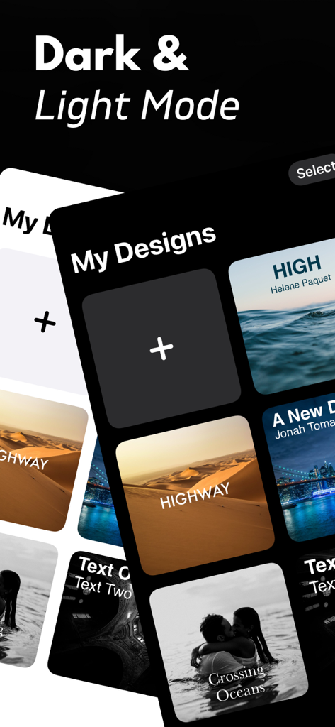 Album Cover Maker app interface displaying a gallery of saved designs in both dark and light mode