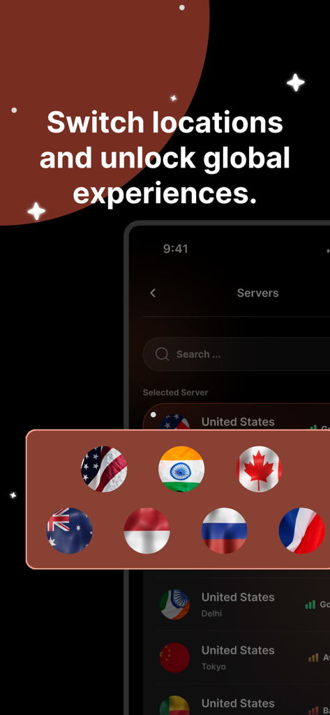 Tomator VPN interface showing a list of global server locations and national flags
