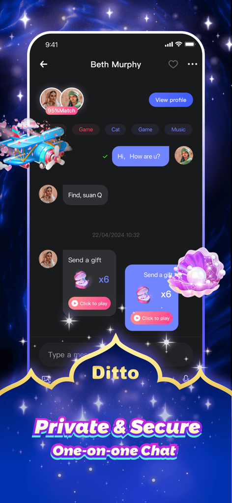 Ditto Live-Match&meet someone - A secure one-on-one chat screen in the Ditto app showing messages and virtual gift options.
