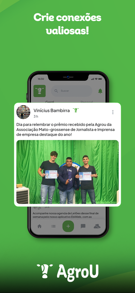 AgroU - AgroU app interface showing a professional social feed for agribusiness