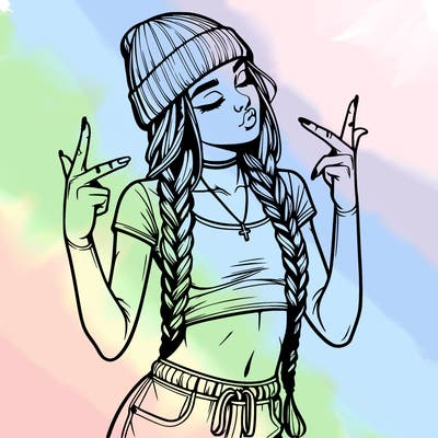 realistic teenage girl with braids and a beanie and crop top doing 🫶🏼