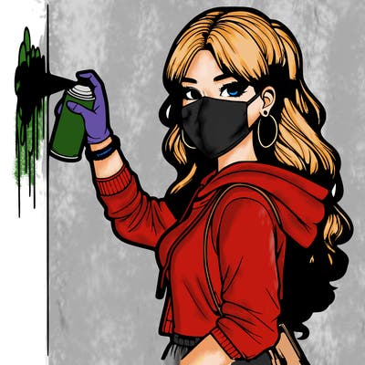 realistic girl with mask spray painting a wall