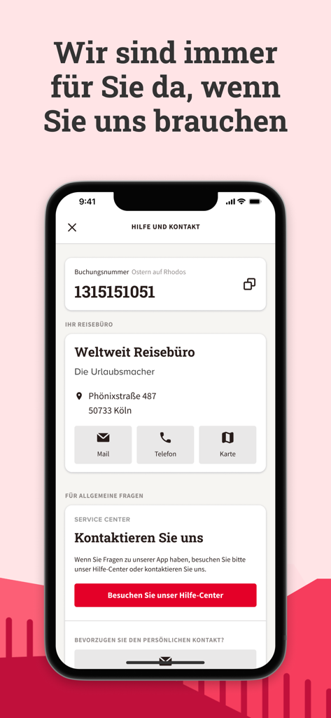 MyDERTOUR | Reisebegleiter - MyDERTOUR app help and contact screen showing travel agency details and support options
