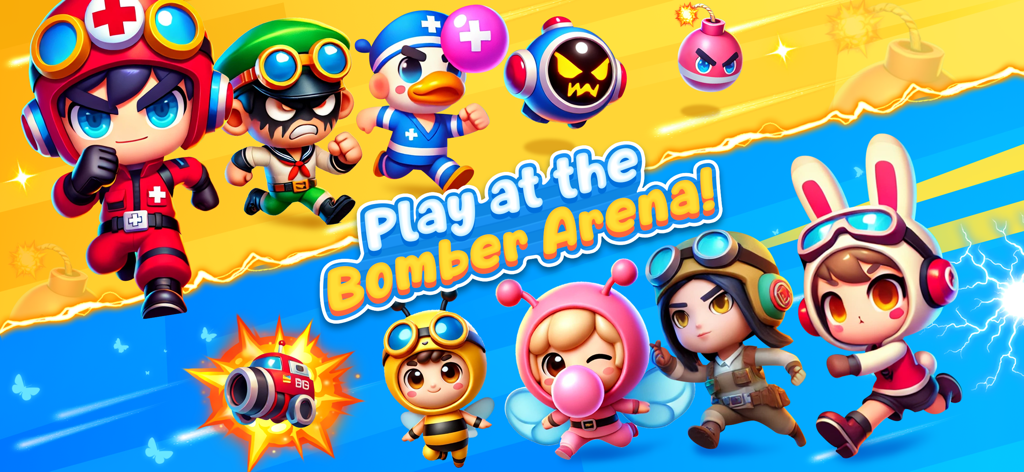 Bomber Classic- Bomberman - Colorful chibi characters and the text Play at the Bomber Arena for the game Bomber Classic