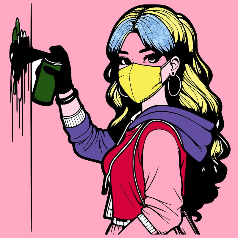 realistic girl with mask spray painting a wall