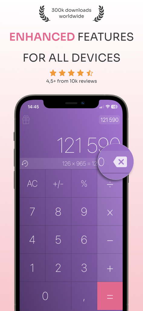 Calculator X app interface on iPhone showcasing enhanced features and user ratings