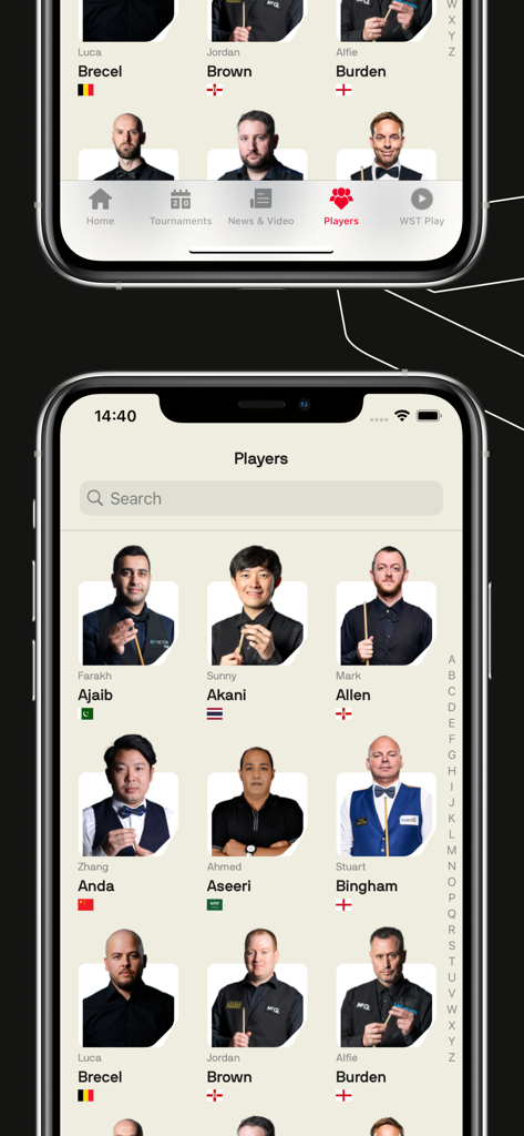 Official World Snooker Tour app player directory showing professional snooker players with photos and national flags