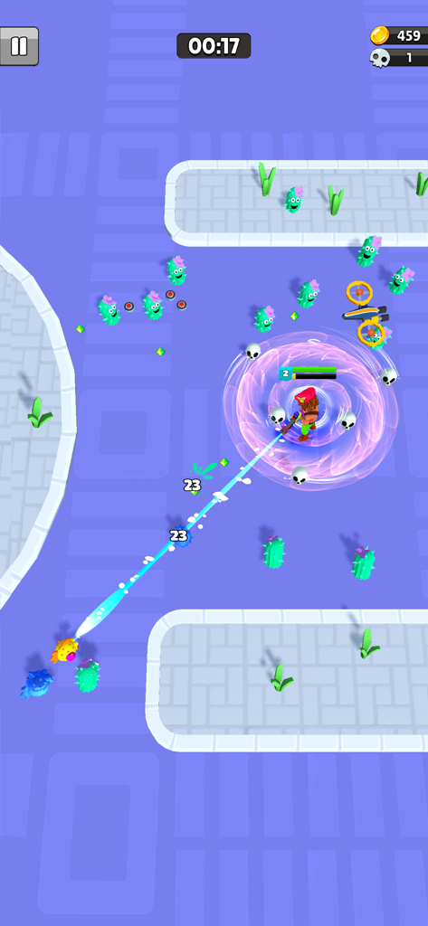 Survive Squad - A character in Survive Squad shooting a blue laser at enemies while protected by a pink shield