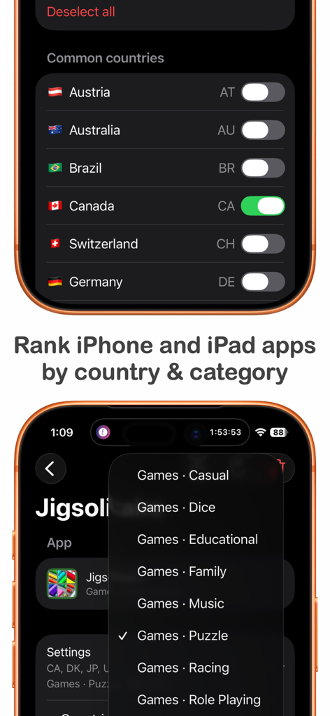 App Rank Chart Tracker: Rankor - Interface showing country selection toggles and a category dropdown menu for app rank tracking