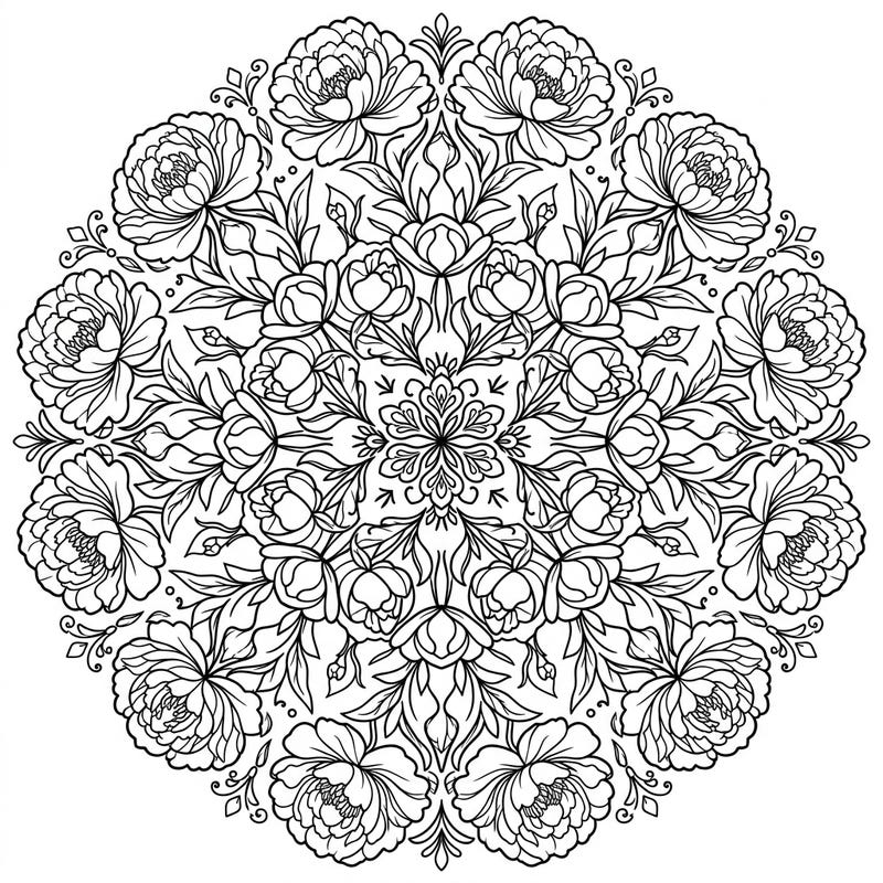 Discover the serene beauty of Itoh peonies arranged in a stunning circular mandala. This intricate floral design offers a calming and rewarding coloring experience, perfect for relaxation.