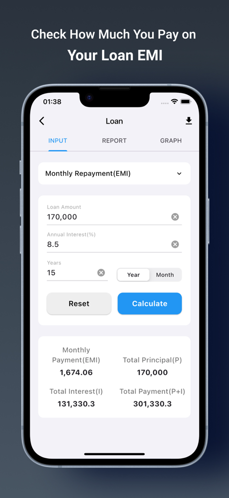 Financial Calculator Loan, SIP - Interfaz móvil de una calculadora de EMI de préstamo que muestra el pago mensual y el interés total de un monto de préstamo