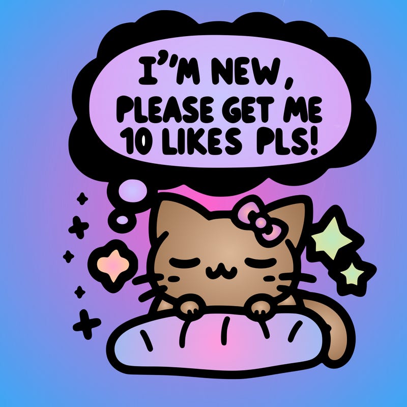 kitty taking a nap dream talking and saying "i'm new, please get me at least 10 likes pls!!"