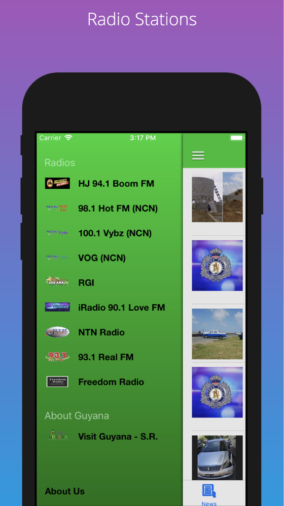 Guyana News by GP - Pantalla móvil que muestra una lista de emisoras de radio guyanesas