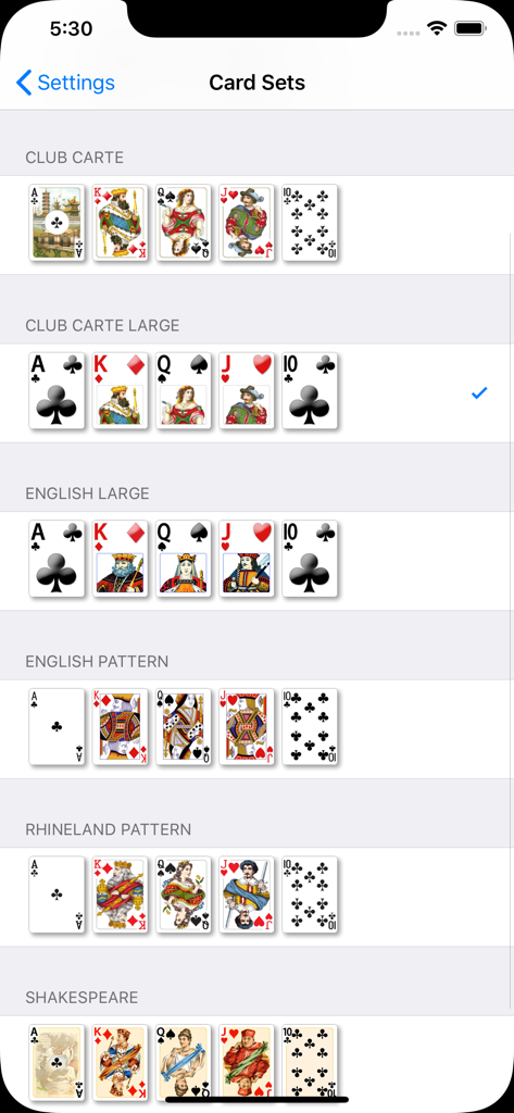 BVS Solitaire Collection - Settings menu showing different playing card designs and deck styles in BVS Solitaire