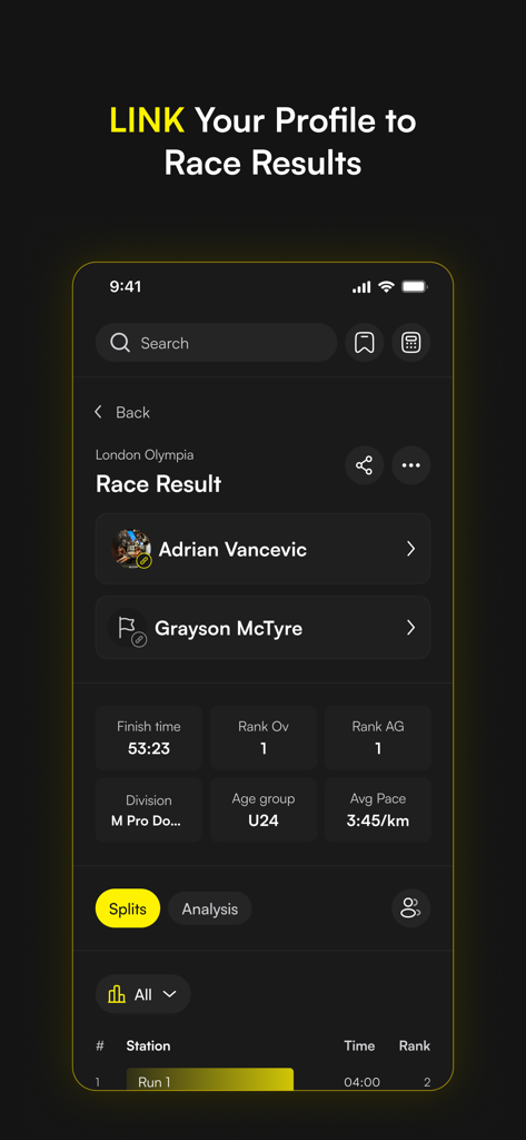 ROXFIT - ROXFITアプリのインターフェース。Hyroxレースの結果、アスリートのランキング、パフォーマンスのスプリットを表示しています。