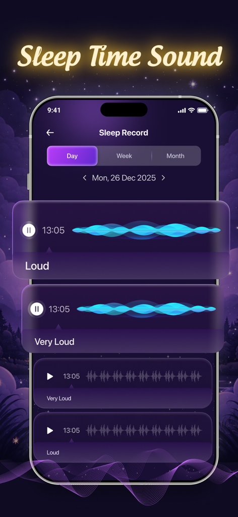 Sleep Log – Snore Record - Interface of the Sleep Log Snore Record app showing audio recordings and waveforms of loud sleep sounds
