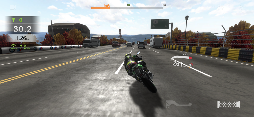 Real Moto Traffic - A motorcycle racing at high speed through highway traffic in third person view