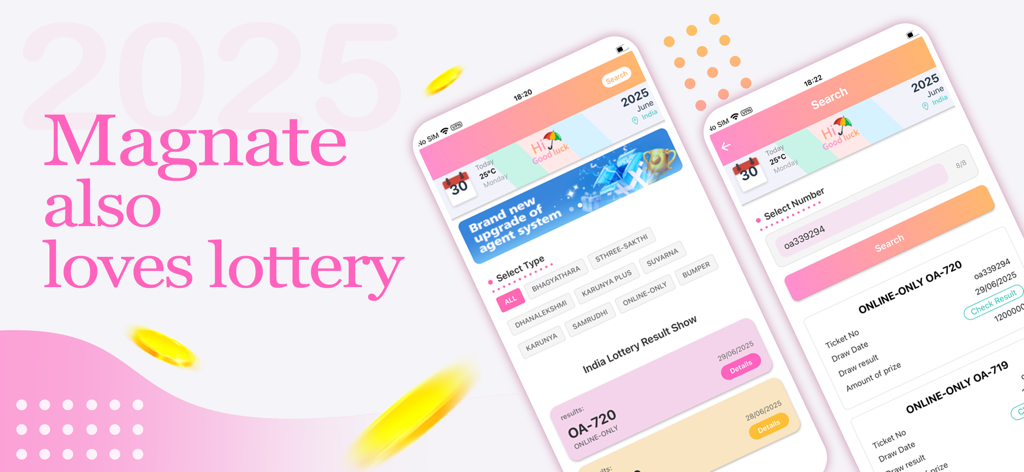 Kerala Lottery Online Win - 케랄라 복권 온라인 당첨 앱의 홍보 스크린샷으로, 두 개의 아이폰에서 복권 결과와 티켓 검색 인터페이스를 보여줍니다.