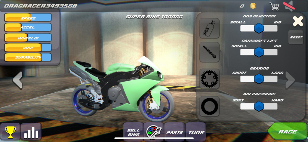 Drag Bike: Nitro Racing - Motorcycle tuning and customization menu showing engine performance stats and upgrade sliders for a superbike