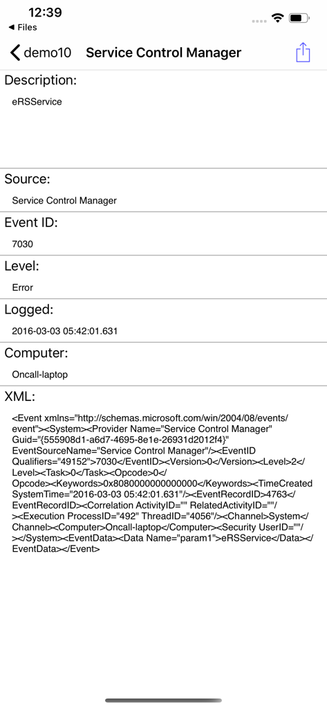 EVTX Viewer - A screenshot of the EVTX Viewer app showing detailed Windows event log information including Event ID, error level, and raw XML data.