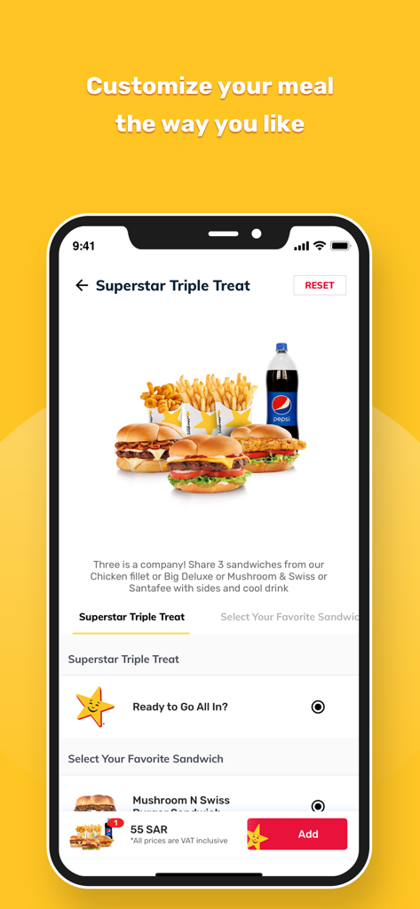 Hardee's Saudi Arabia - Online - Hardee's Saudi Arabia mobile app screen showing options to customize a Superstar Triple Treat meal combo for 55 SAR.