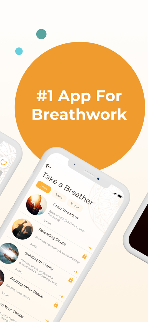 Pause Breathwork Exercises - A mobile phone screen showing the Pause Breathwork app interface with a list of sessions like Clear The Mind and Finding Inner Peace