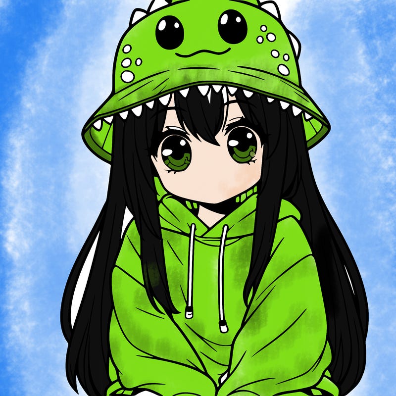 girl with anime shaped eyes with a dinosaur bucket hat oversized sweatshirt long straight hair