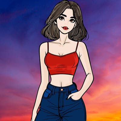 a realistic girl with a crop top and jeans