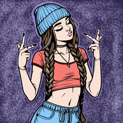 realistic teenage girl with braids and a beanie and crop top doing 🫶🏼