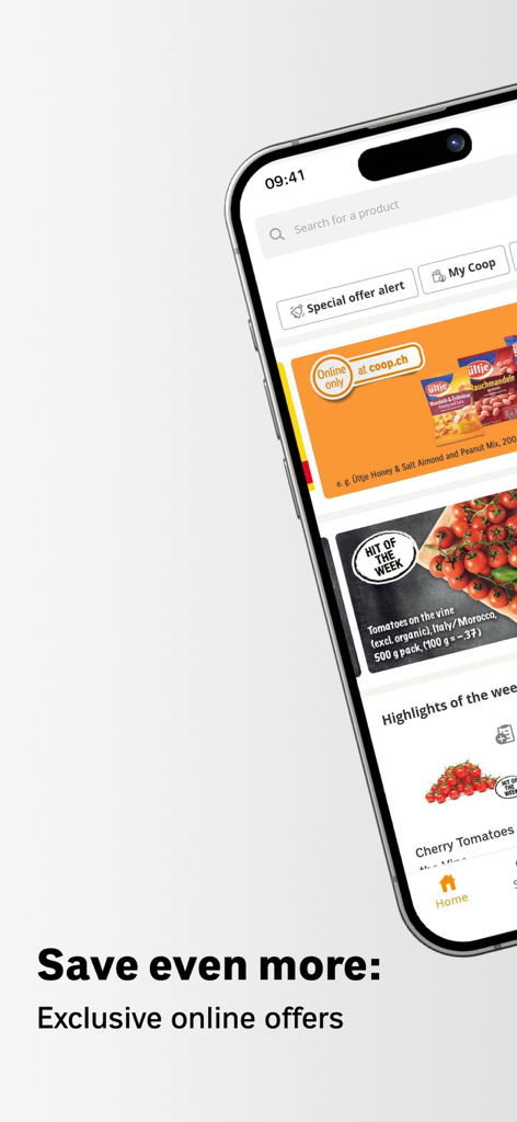 Ein iPhone-Bildschirm, der die Benutzeroberfläche der Coop Supermarkt App mit exklusiven Online-Angeboten und wöchentlichen Highlights für Lebensmittel zeigt