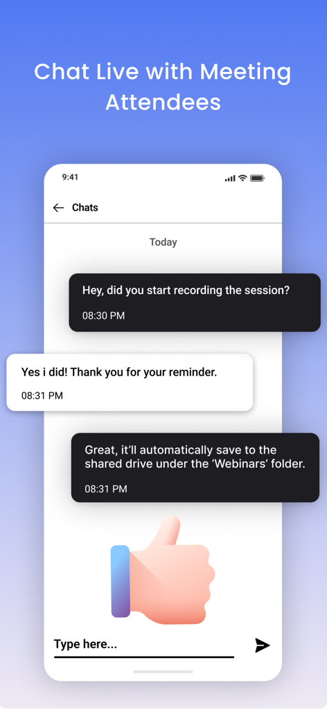 Daakia: Meetings & Webinar - Smartphone screen showing the live chat feature in the Daakia meeting app with a conversation between attendees.