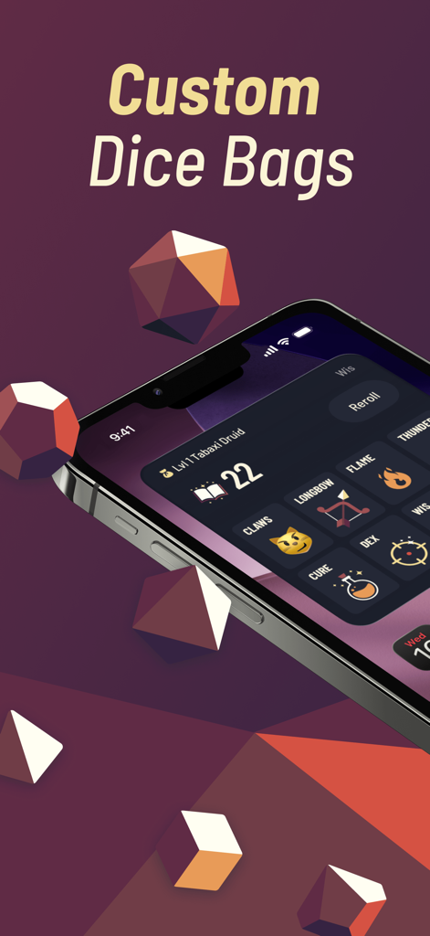 Eine mobile Benutzeroberfläche, die benutzerdefinierte Würfelbeutel und Charakterwürfe in der Twilight Dice App zeigt
